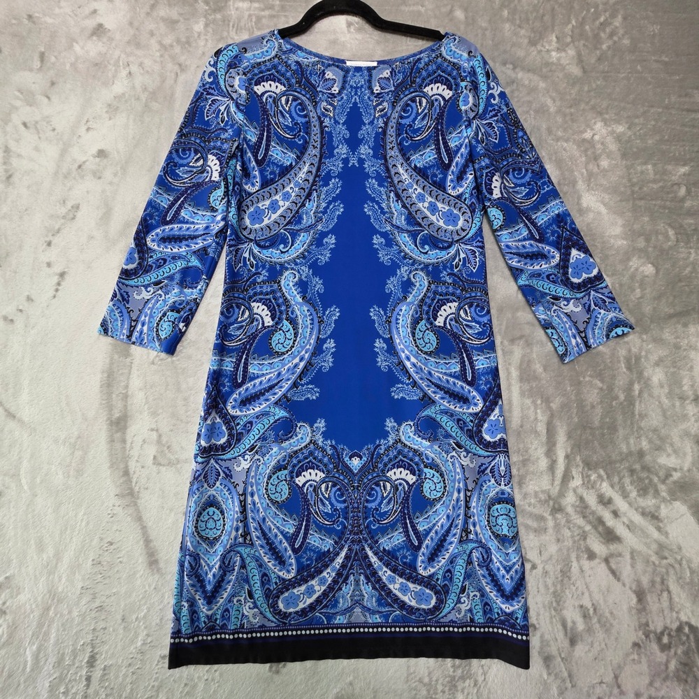 London Times Blue Paisley 3/4 Sleeve Sheath Dress Size 8